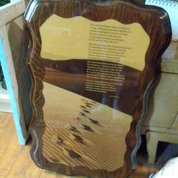 Vintage  23" x 14" Footprints Lacquered Wood Wall Plaque - Picture 1 of 5